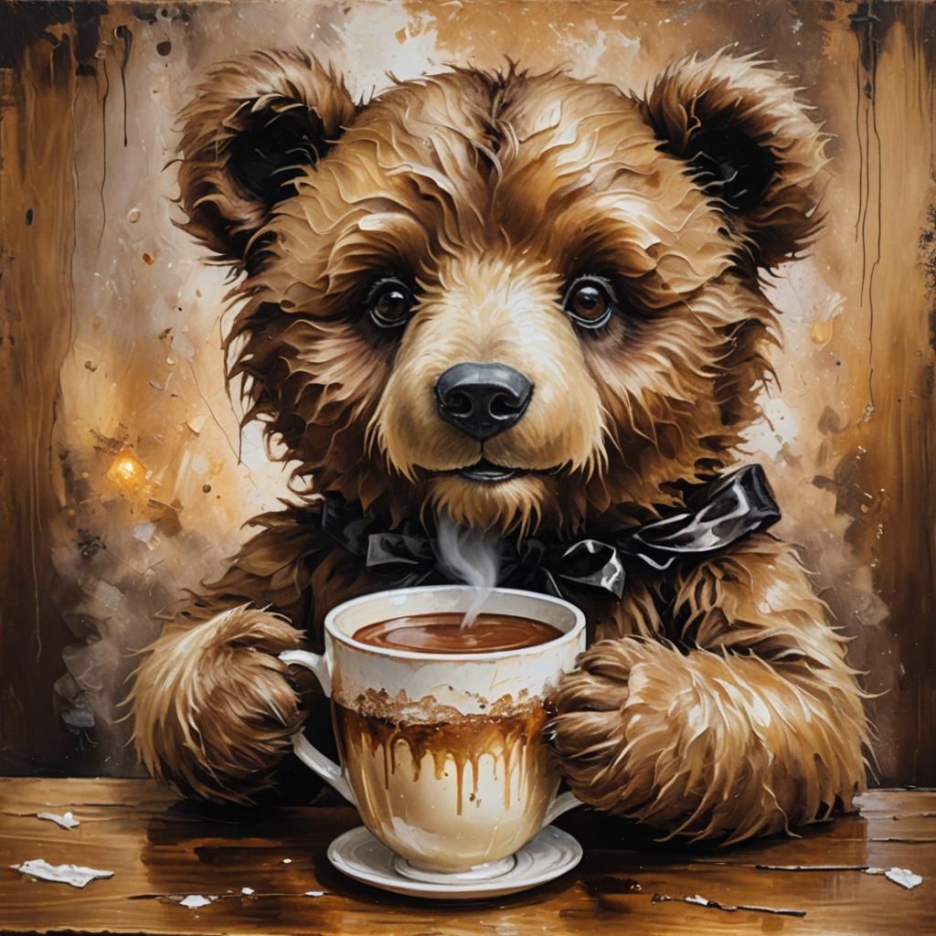 Teddy Bear Sipping Hot Chocolate: An Expressionist Painting