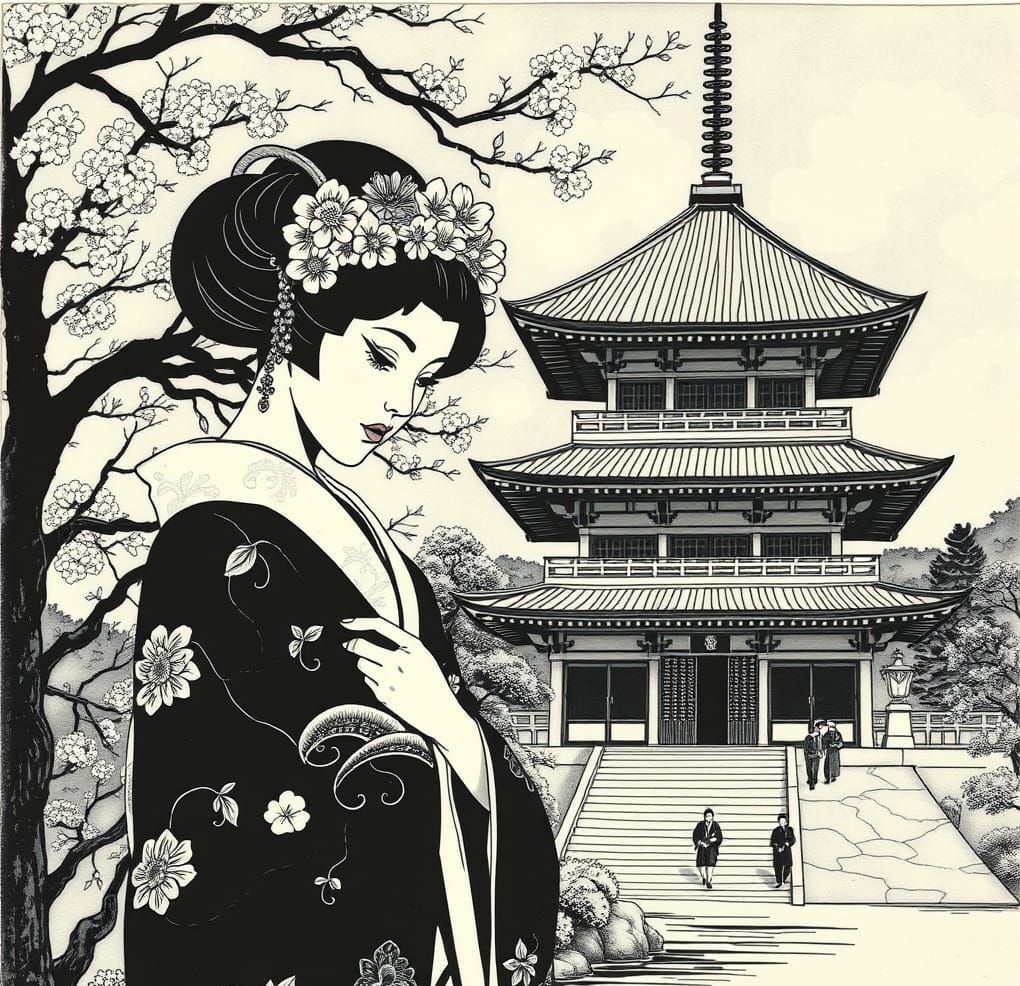 Ethereal Geisha Silhouette Amidst Ancient Temple Architectur...