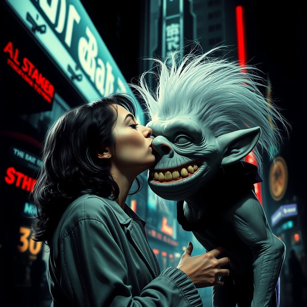 Woman Kisses Troll in Film Noir Cityscape