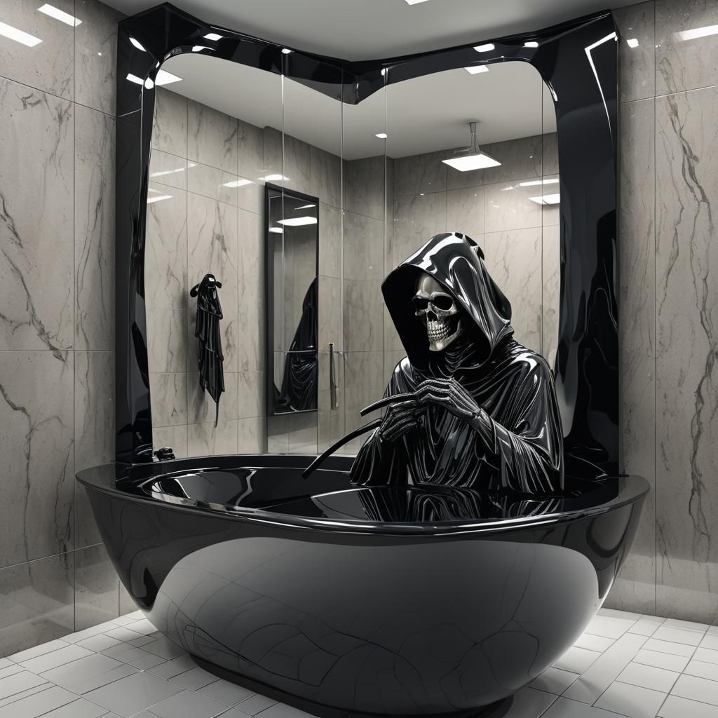 Futuristic Grim Reaper in Glass Bathtub