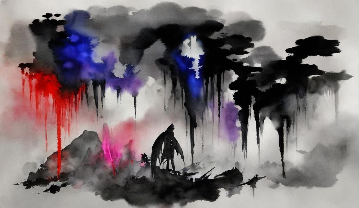 Mysterious Fantasy Landscape in Watercolor Ink Painting