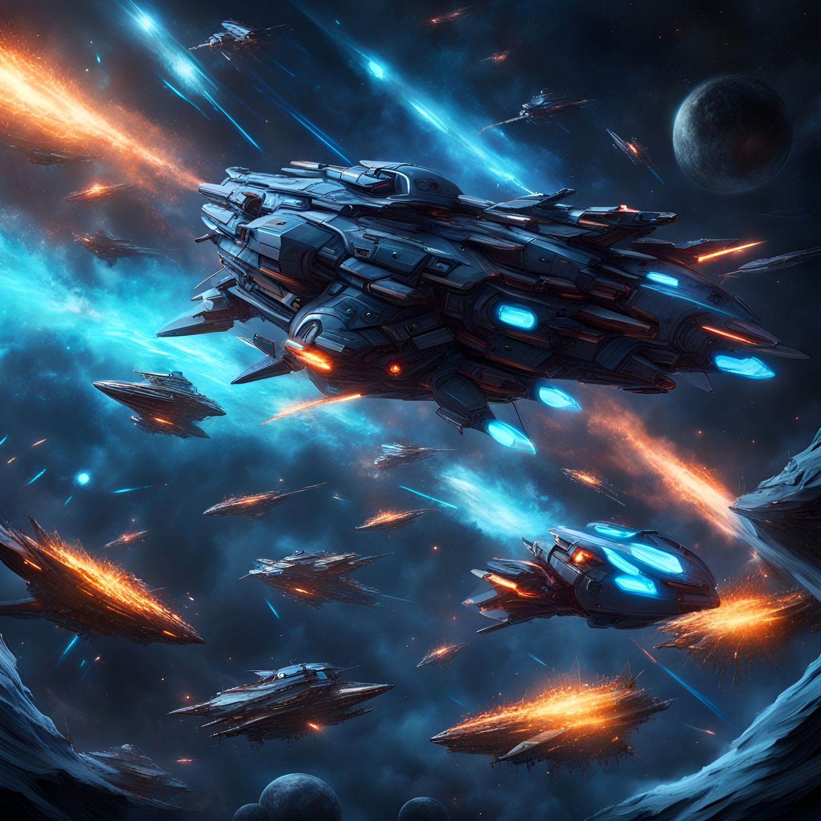 Bioluminescent Blue Space Battle in Sci-Fi Style