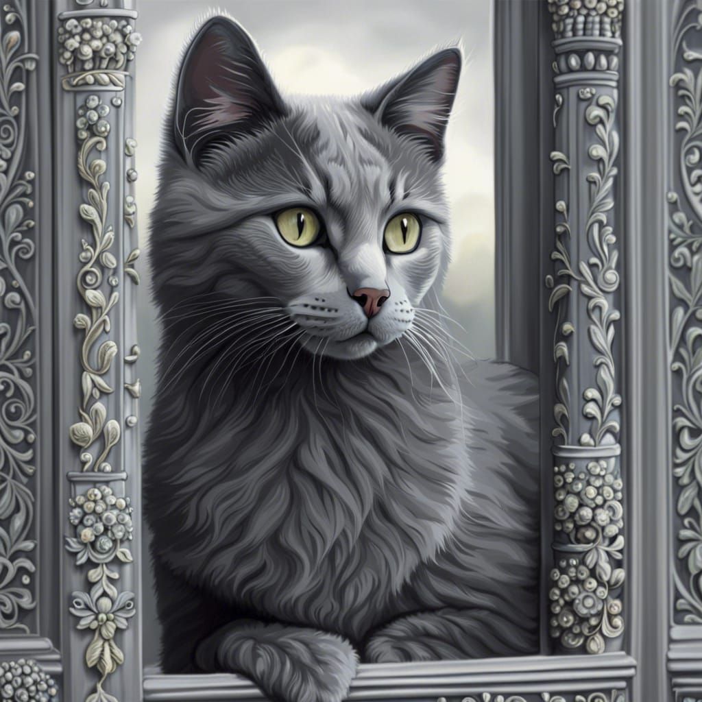 Gray Cat Gazing Out Window on Cloudy Day