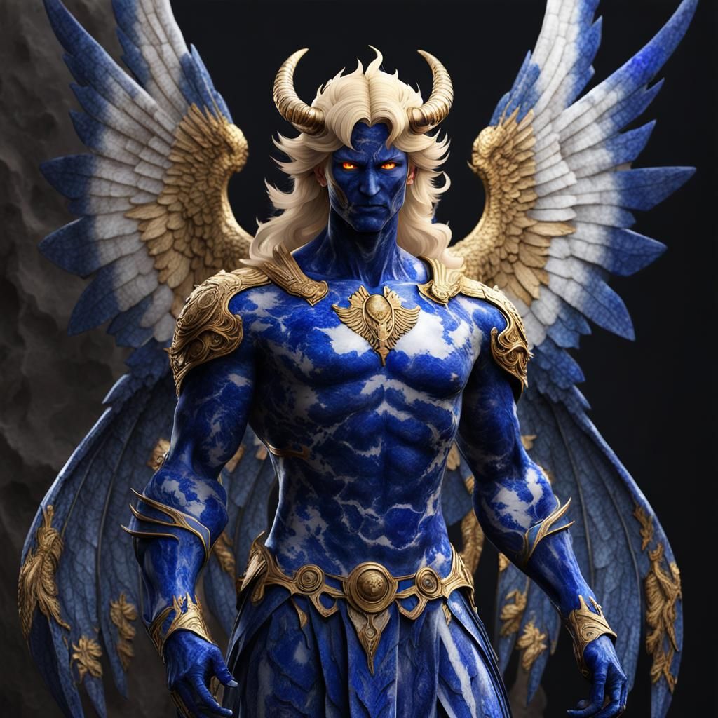 dragonborn statue, lapis marble stone and gold horns