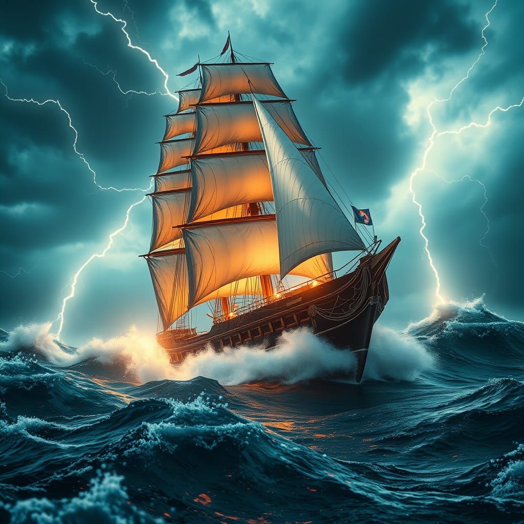 Majestic Contemporary Sailing Ship in Turbulent Stormy Sea