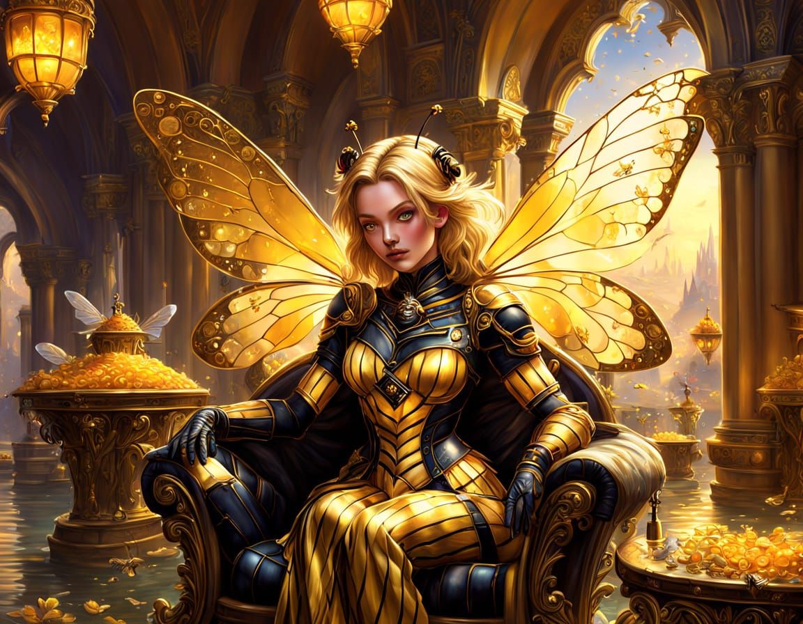 Ethereal Fantasy Queen Bee Girl in Honey-Filled Throne Room