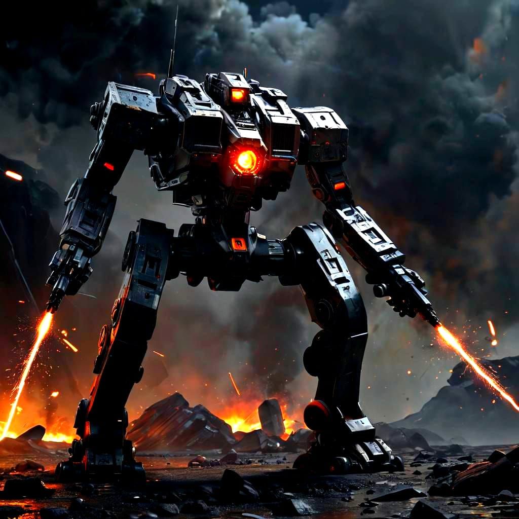 Sci-Fi Mech Warrior in Fiery Landscape