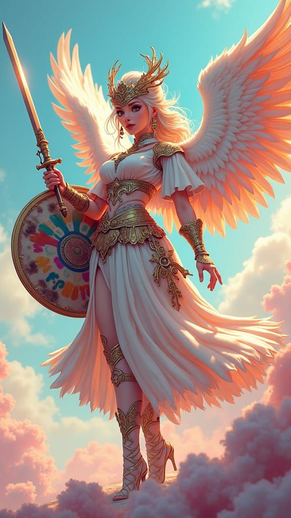 Angel Warrior with Paintbrush Sword in Vibrant Arena