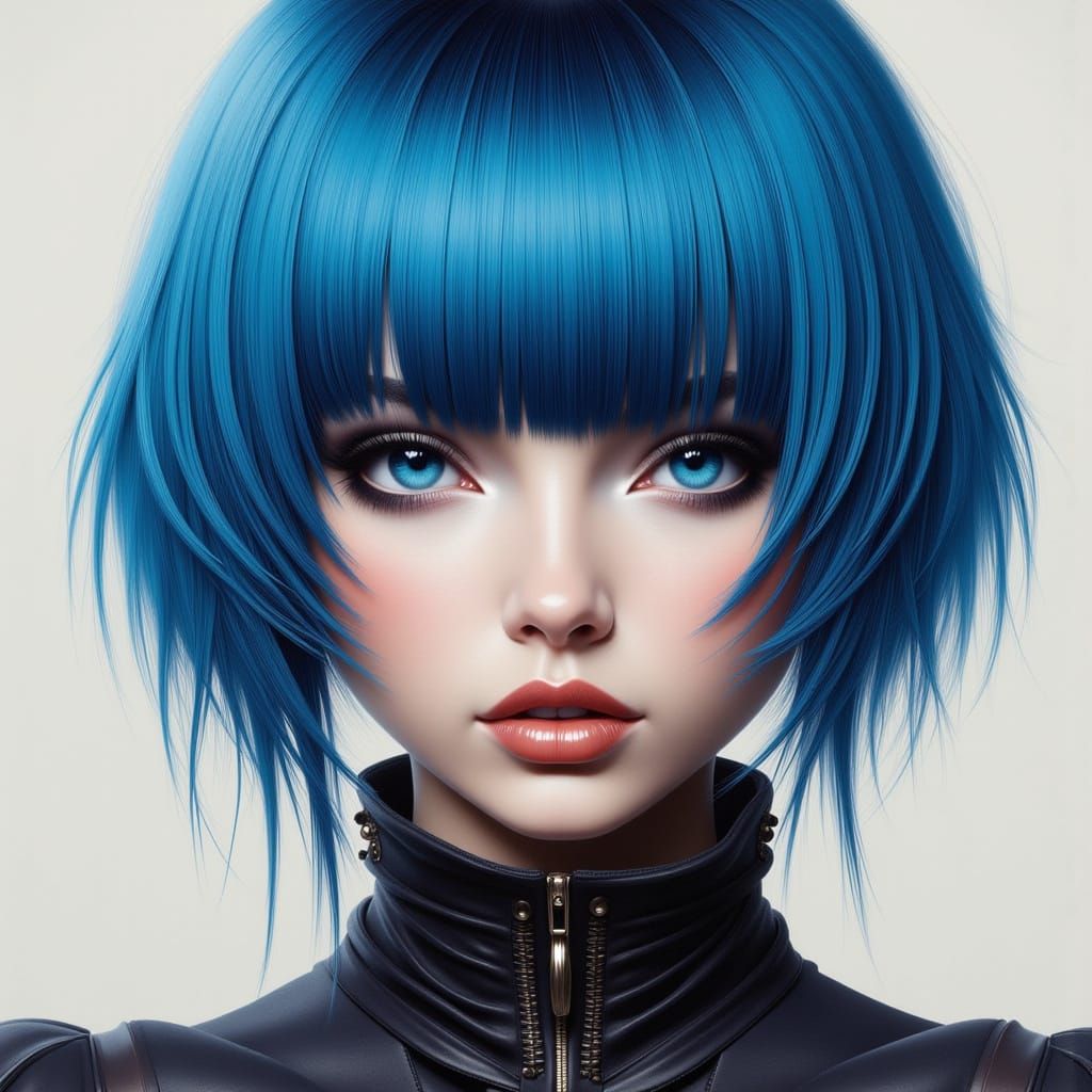 Blue Haired Beauty with Blunt Bangs