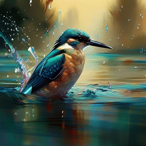 Kingfisher Splashing: Hyperdetailed Watercolor Fine Art