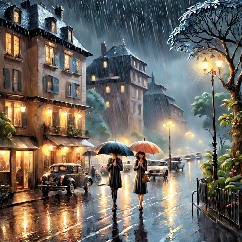 Whimsical Rainy Night Landscape