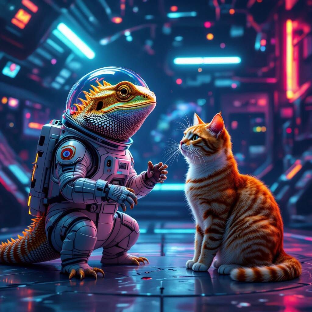 Bearded Dragon vs Cat in Space, in Cyberpunk Style