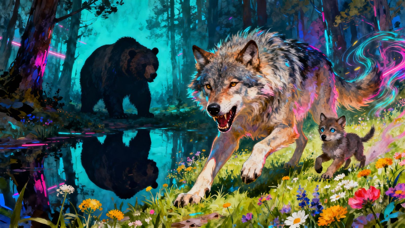 Protective Wolf Defends Cub in Fantasy Meadow