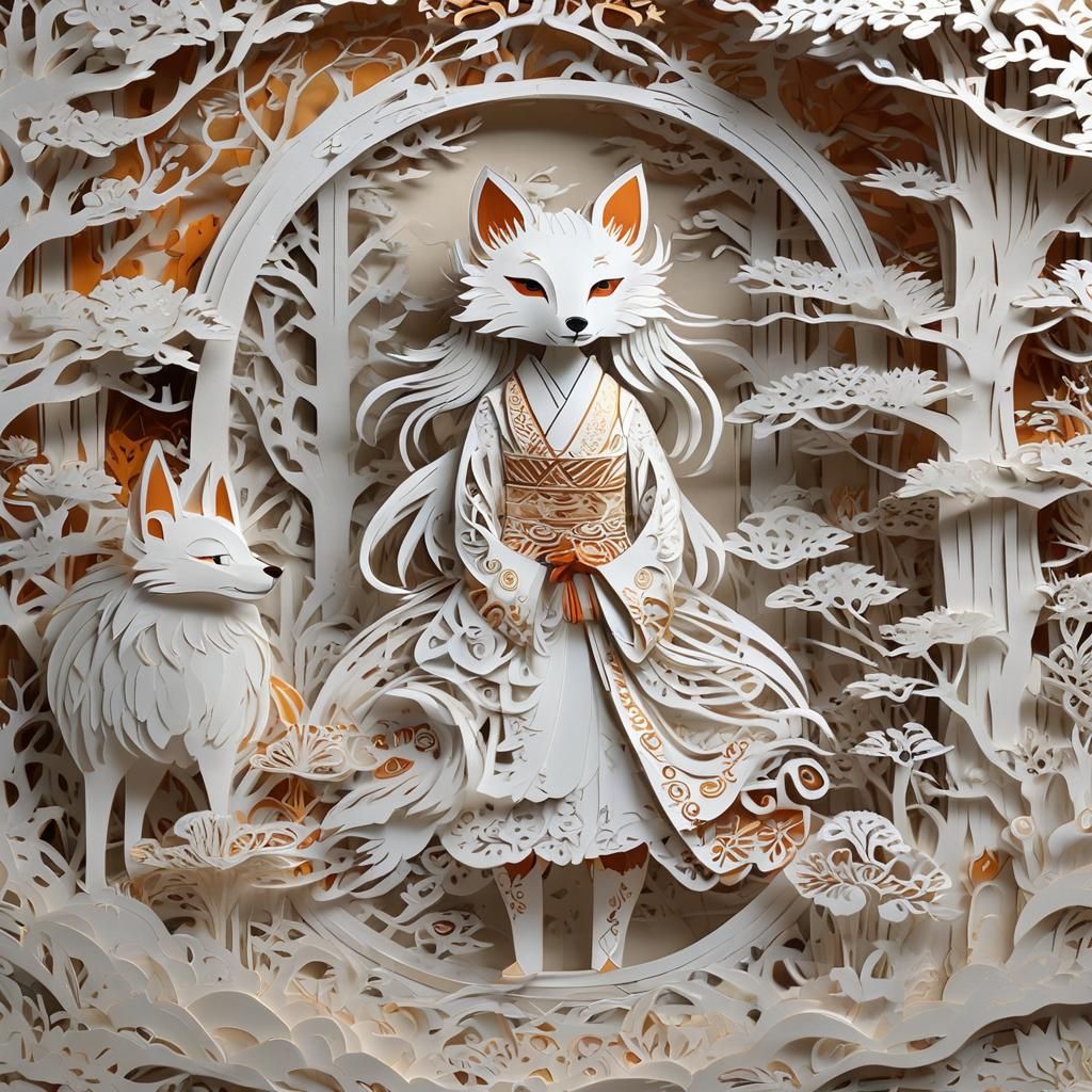 Kitsune and Princess in Kirigami Paper Cut Style