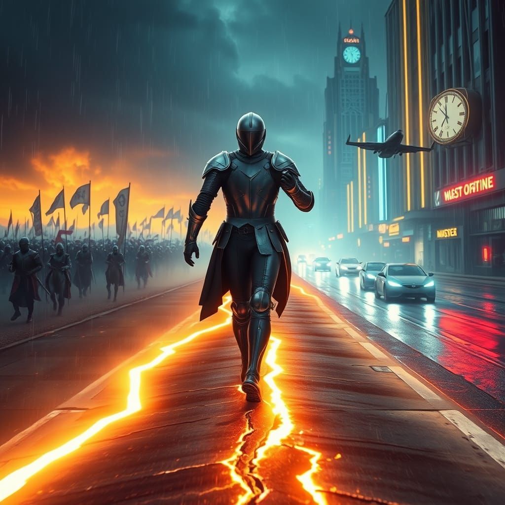 Person Crossing Time: Medieval Battlefield to Future City