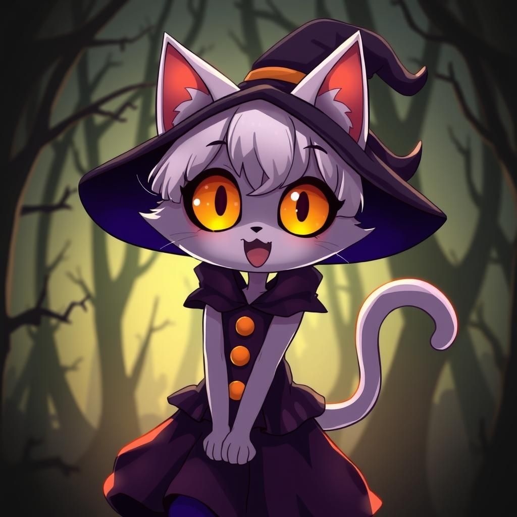 Spooky Cute Anime Catgirl in Haunted Forest
