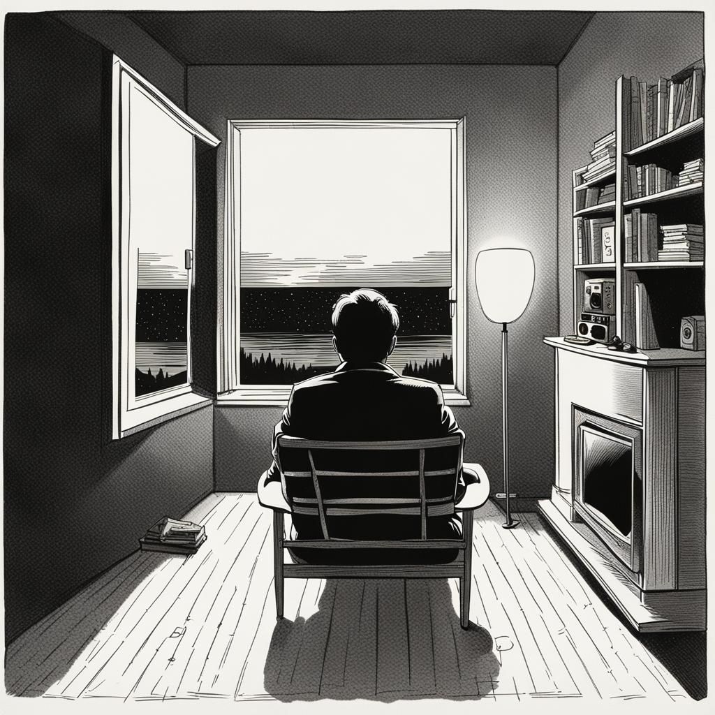 Man Watching TV at Night in Sparse Room