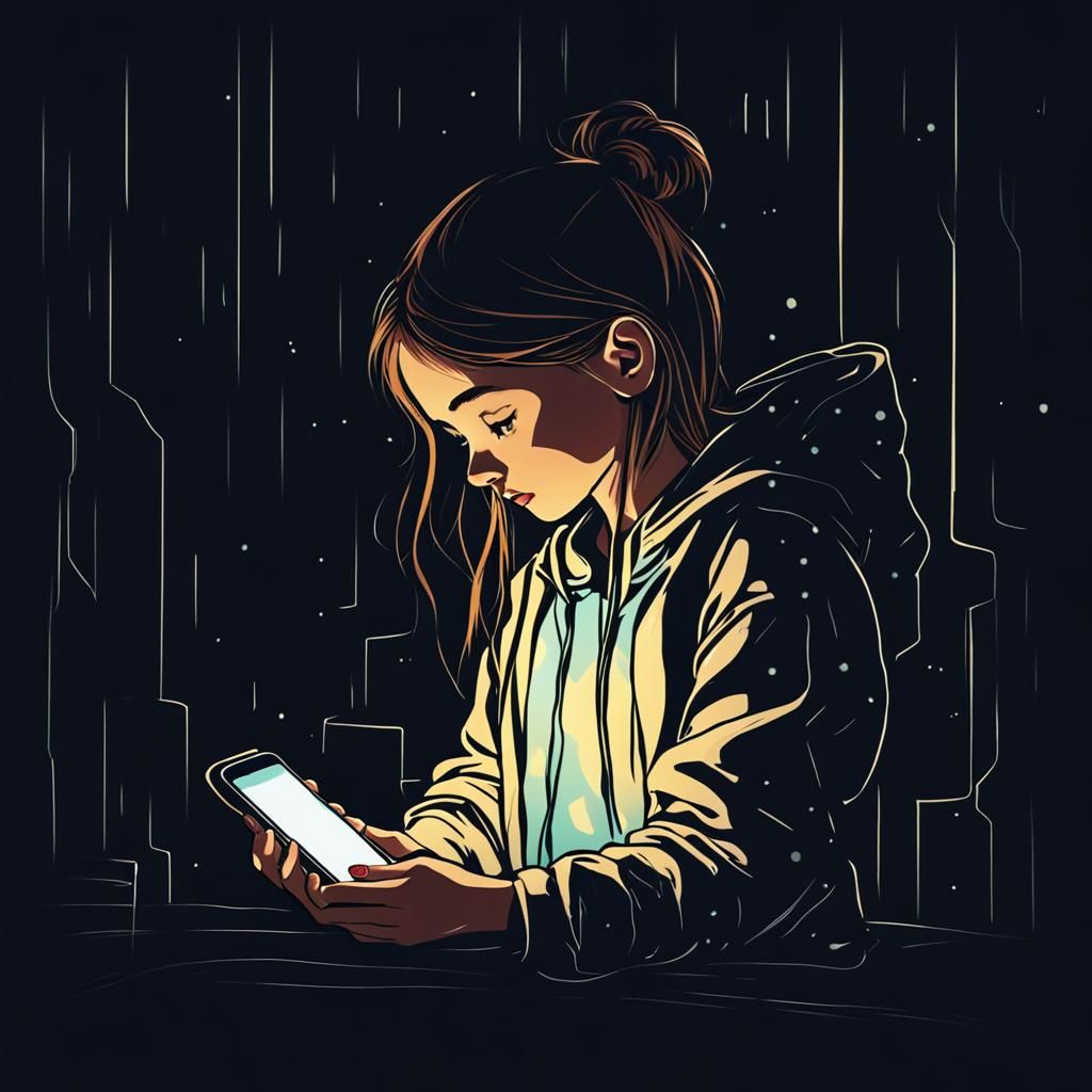 Girl Illuminated by Phone in the Darkness