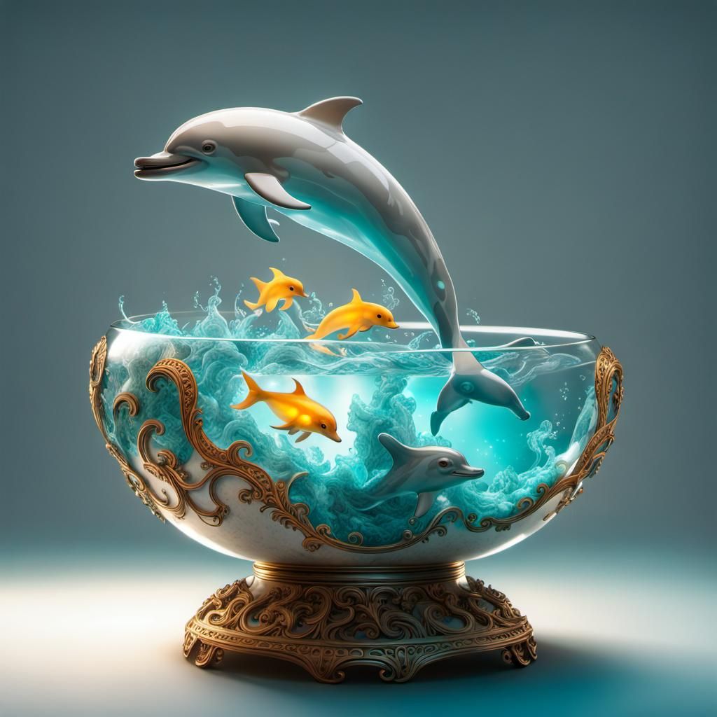 Bioluminescent Dolphin Leaping: Fantasy Marble Art