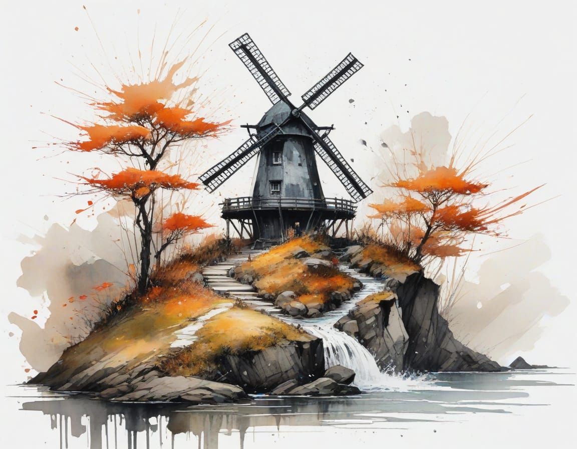 Autumn Windmill in Storm, Japanese Ink Wash Style
