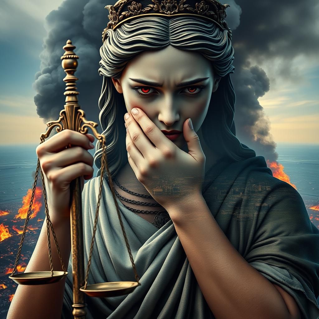 a hyperrealistic double exposure portrait of lady justice  c...