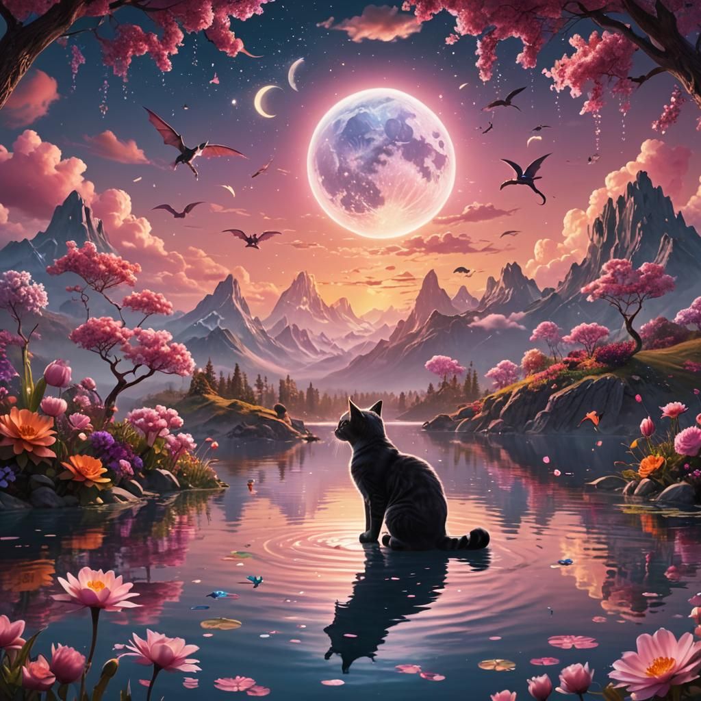 Cat Drinks from Lake in Dragon Fantasy Landscape