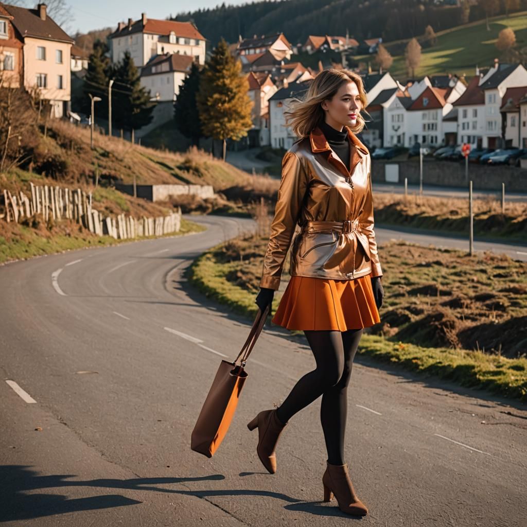 Woman in Bronze Walking in Morning Sun