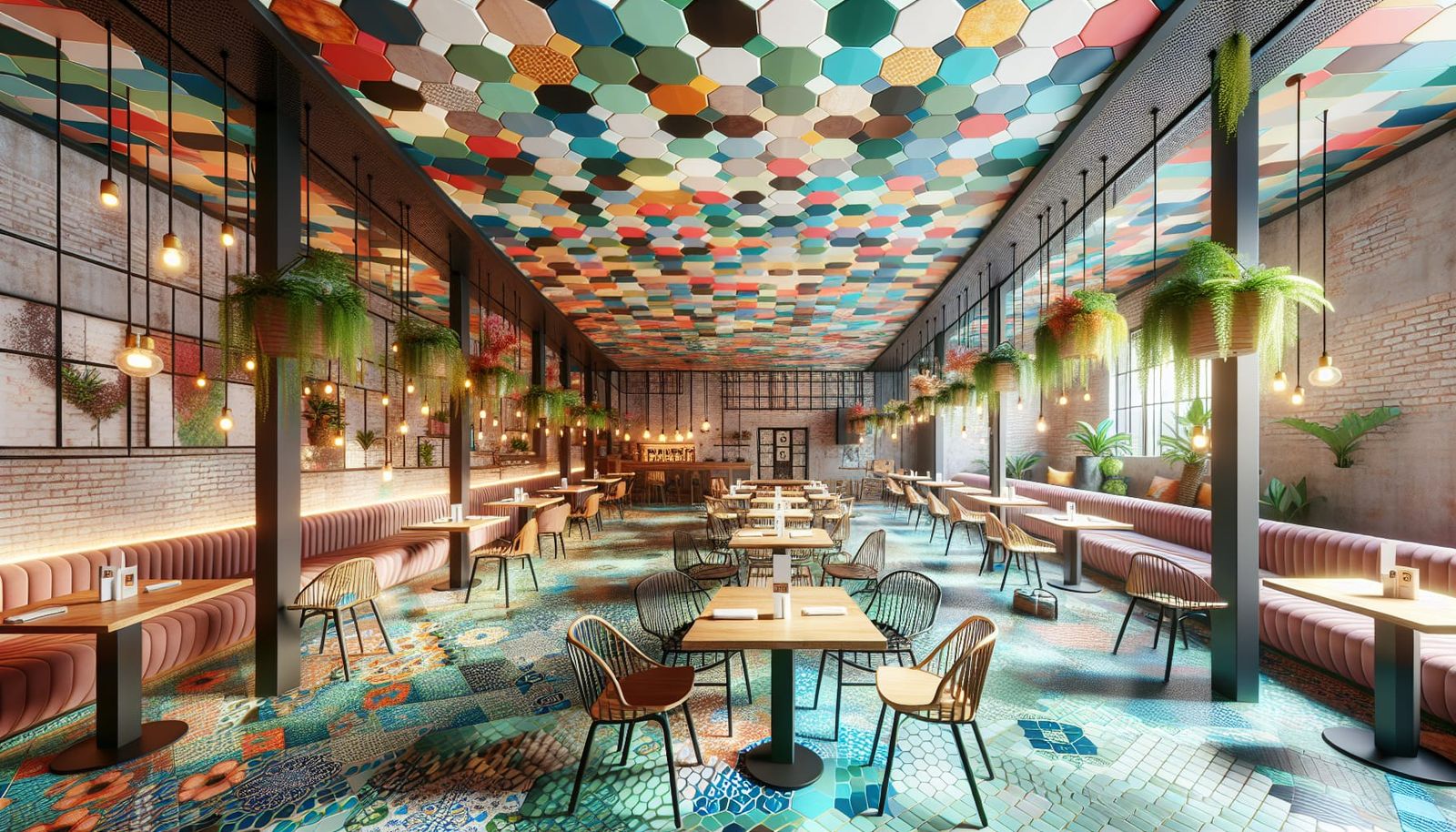 Vibrant Restaurant Interior with Geometric Design Elements