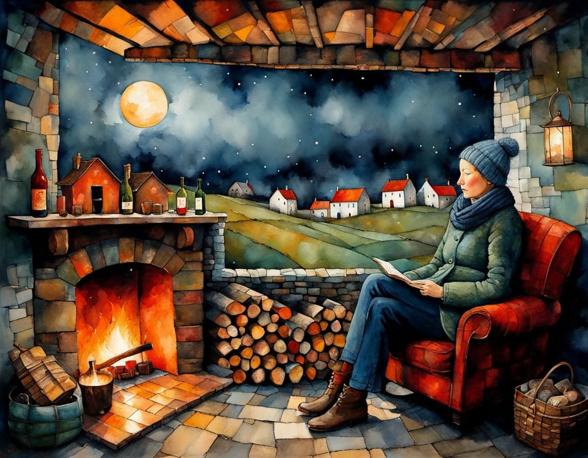 Cozy Storm Night: Whimsical Cubist Illustration