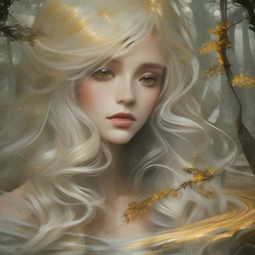 Ethereal Woman With White Curls in Misty Forest