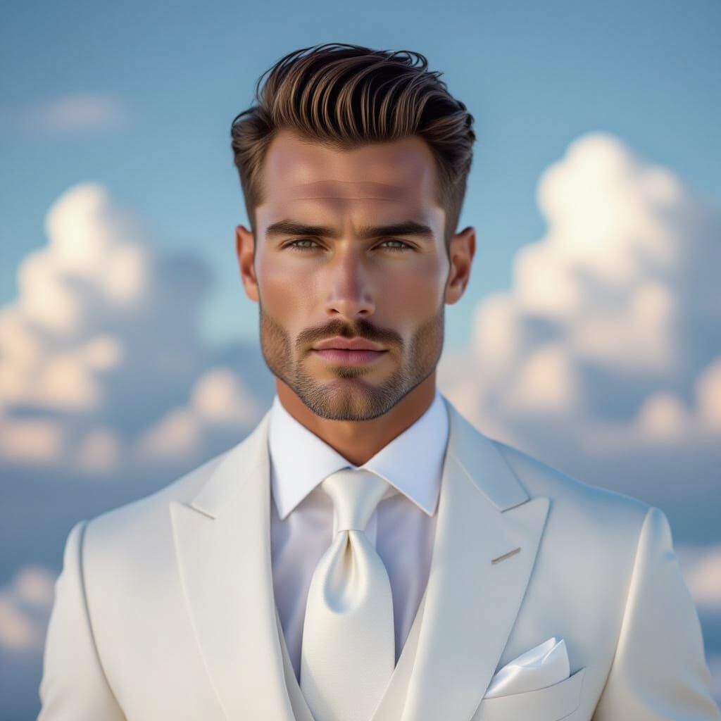 Hyperrealistic Portrait of Man in White Suit