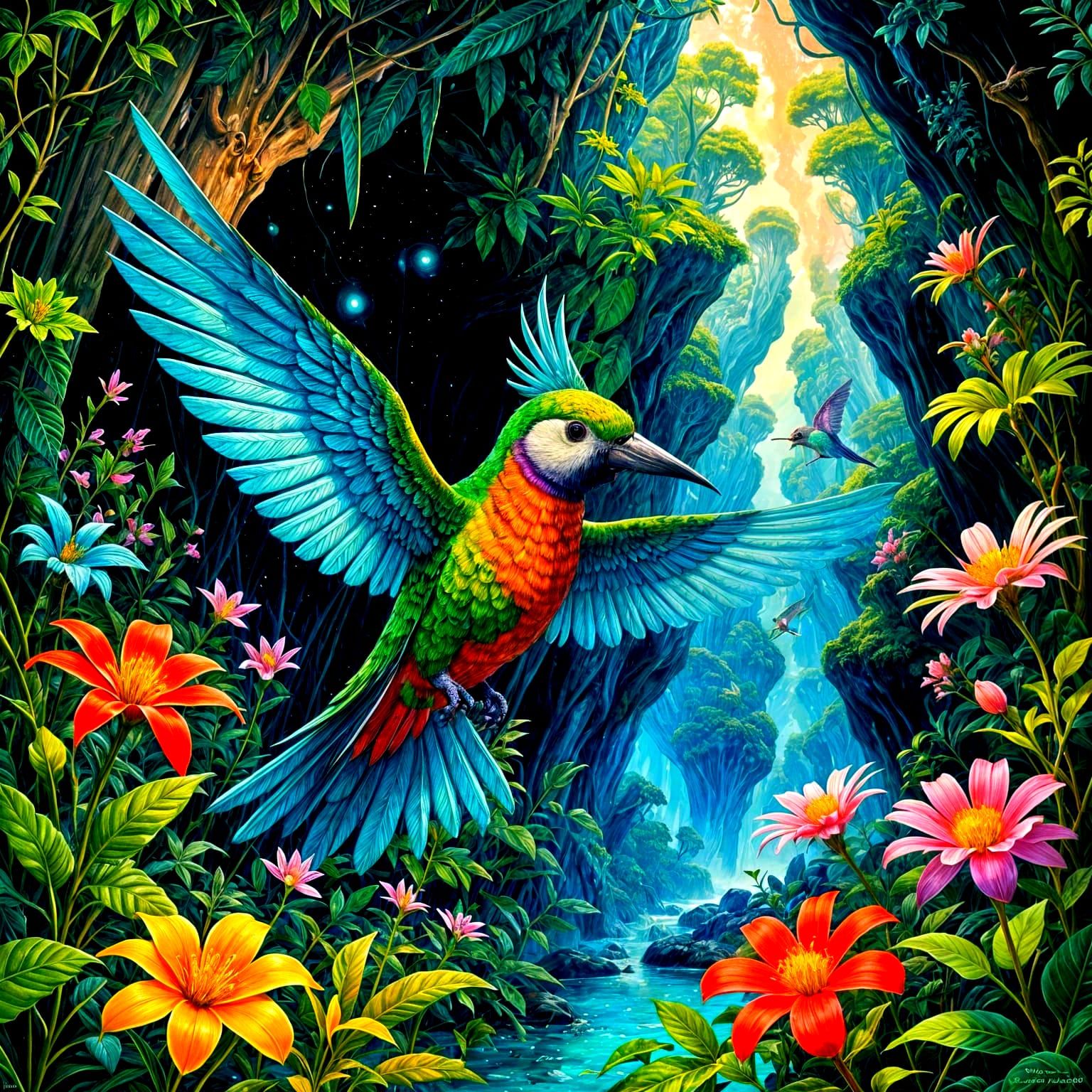 Whimsical Bioluminescent Bird in Crystal Flower Cavern