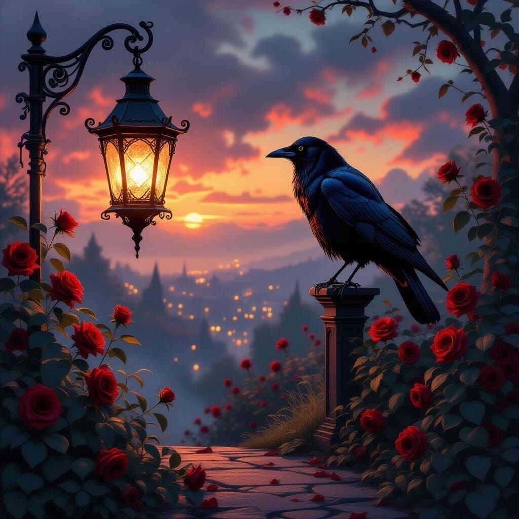 Lone Crow on Lantern, Melancholic Twilight