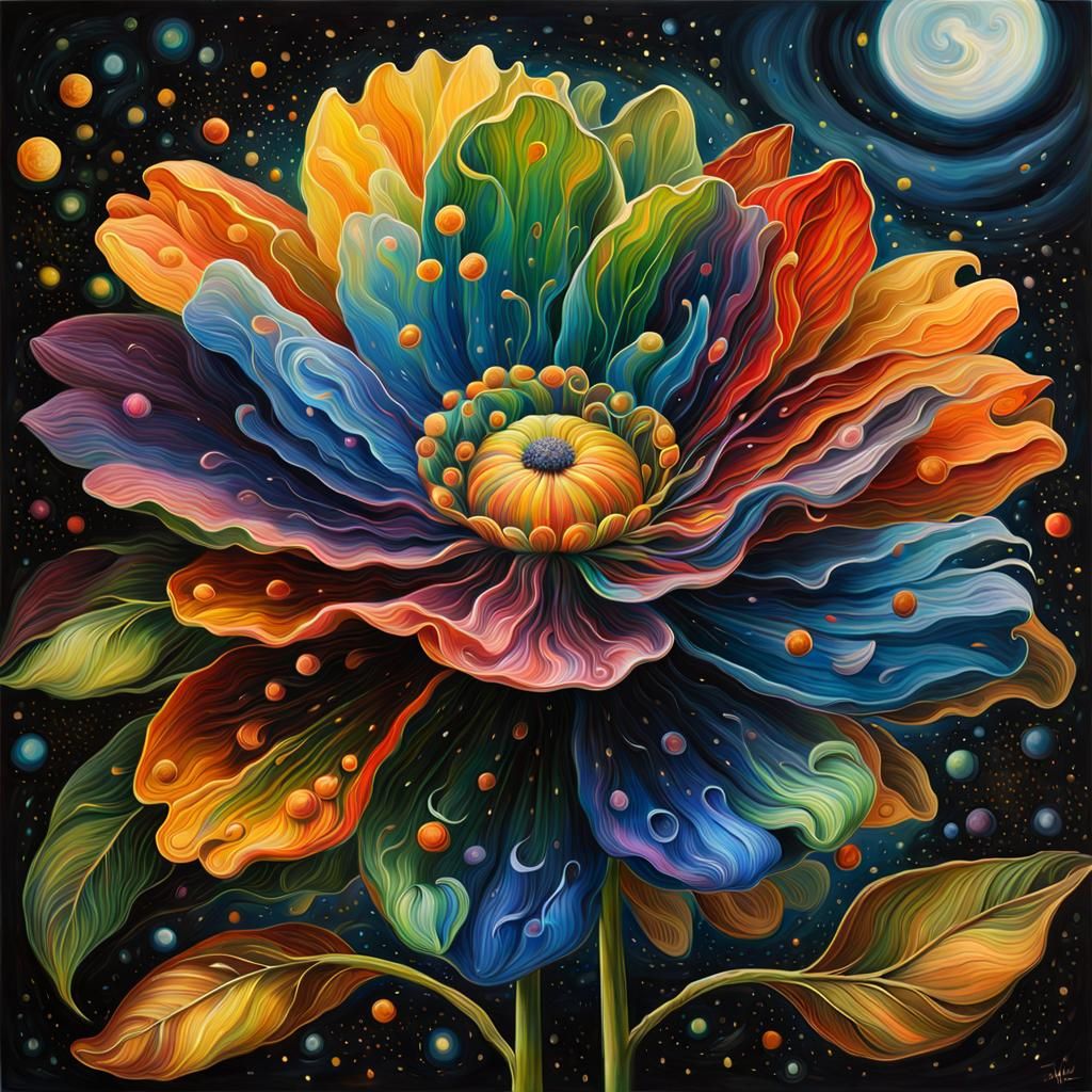 Rainbow Flower Oil Painting with Golden Details