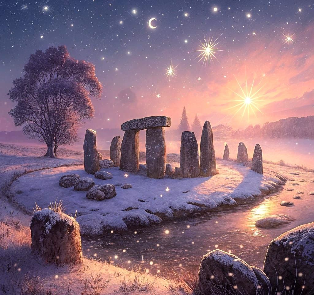 Snowy Stone Circle at Dawn, Impressionistic Style