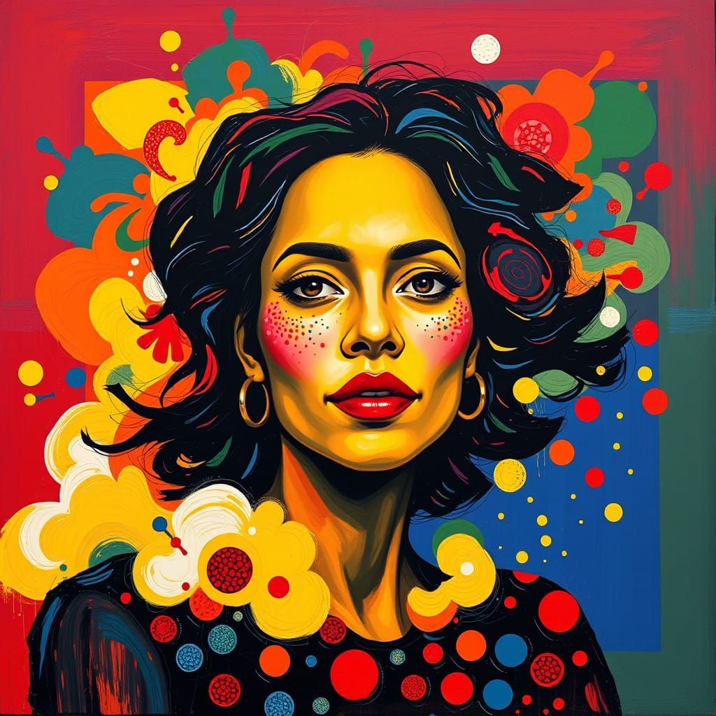 Colorful Portrait with Swirling Dots and Abstract Brushstrok...