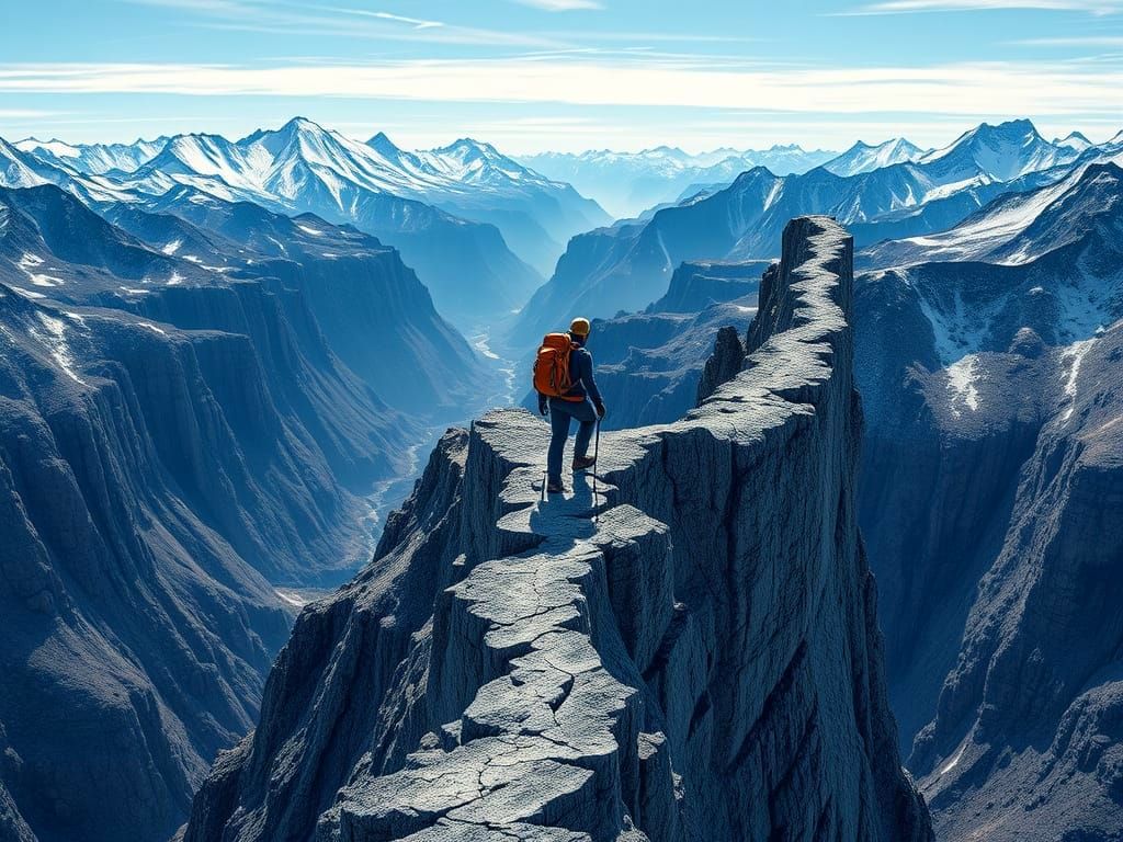 Mountaineer on Endless Ridge with Abstract Fractals