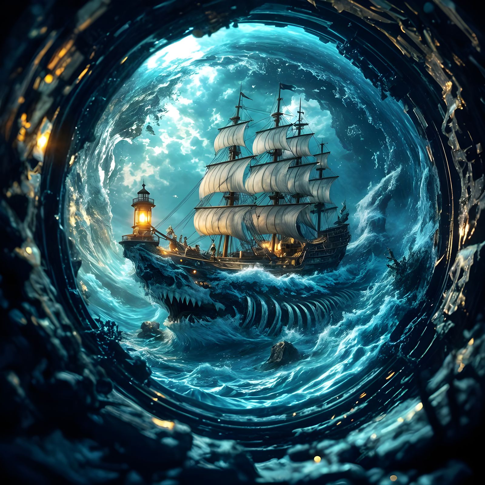 Pirate Ship Rides Majestic Space Shark's Glass Skeleton