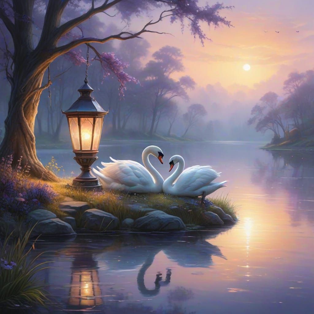 Whimsical Fantasy Swans in Love on a Lantern-Lit Lake Shore