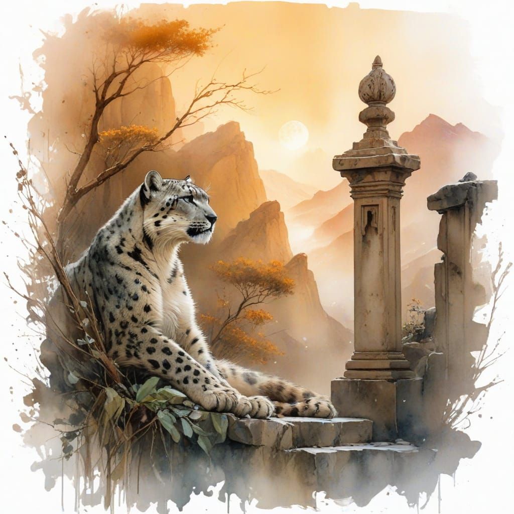 Snow Leopard on Temple Steps in Atmospheric Light