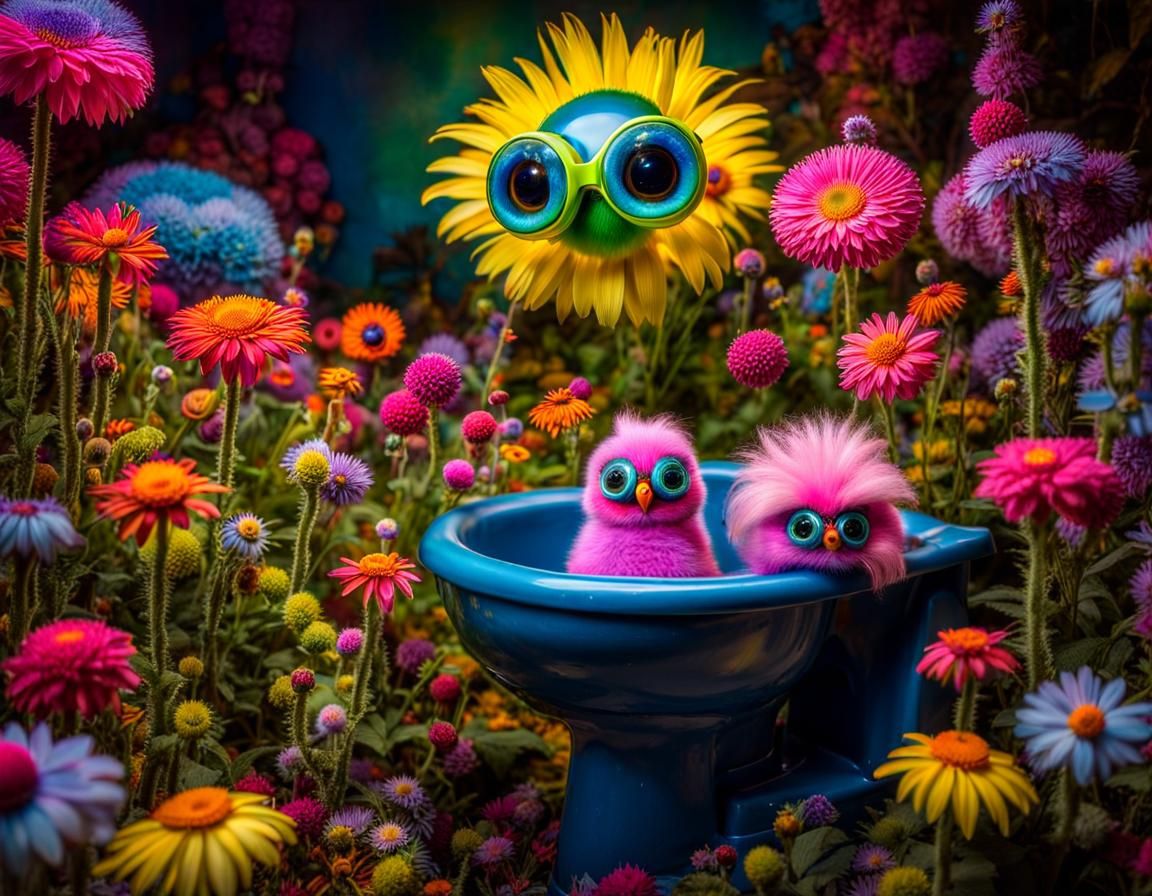 Goggle-Eyed Creatures in a Luminous Flower Village