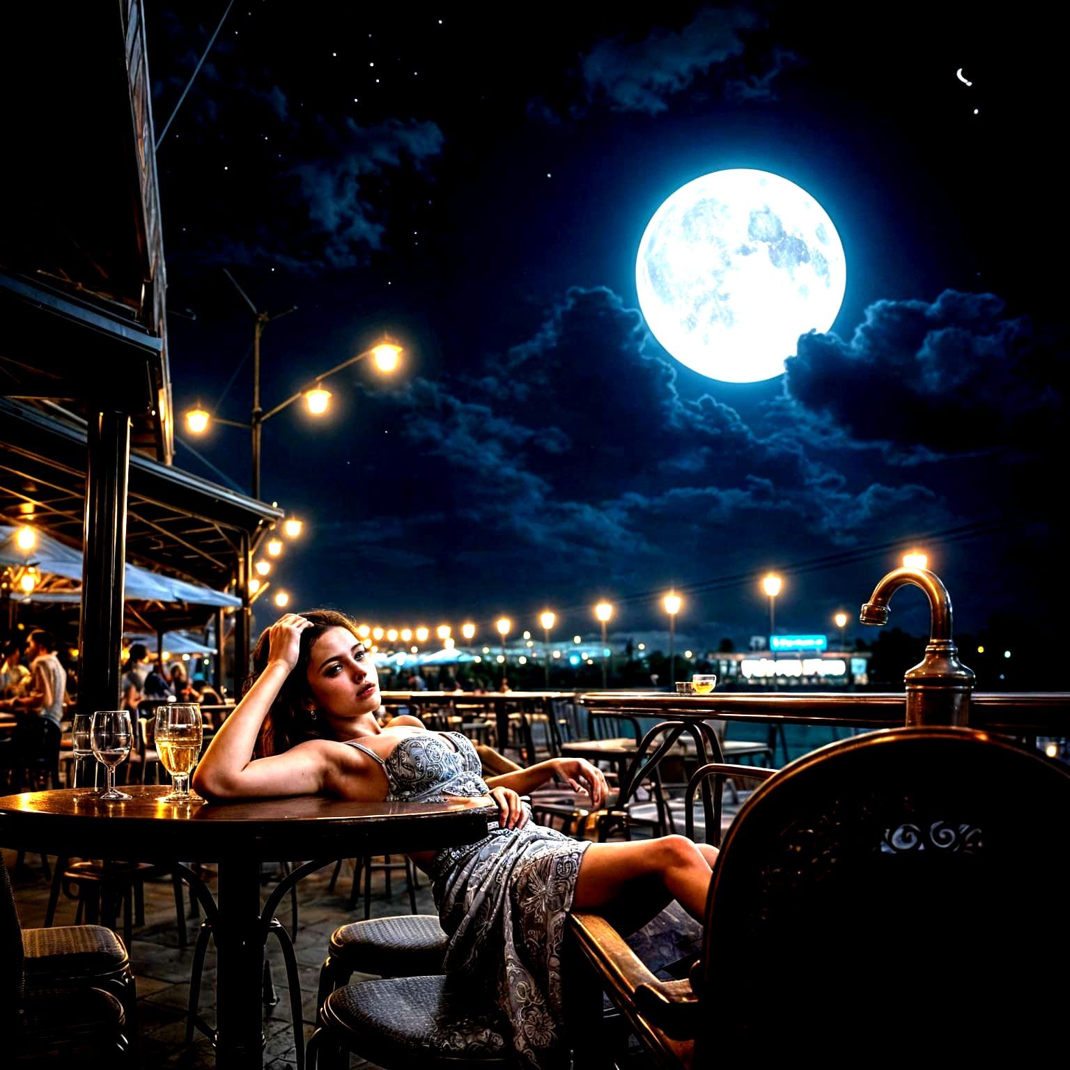 Retro Beauty in Moonlit Cafe Scene
