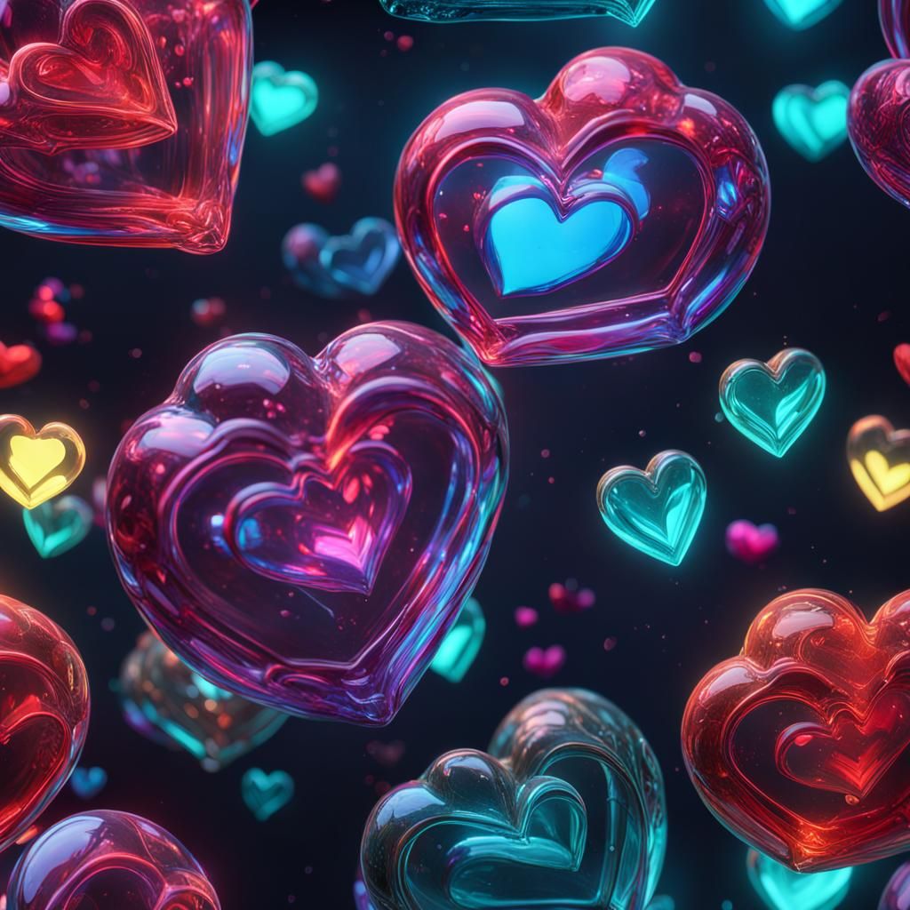 Hyperrealistic Neon Glass Hearts: Detailed Matte Painting