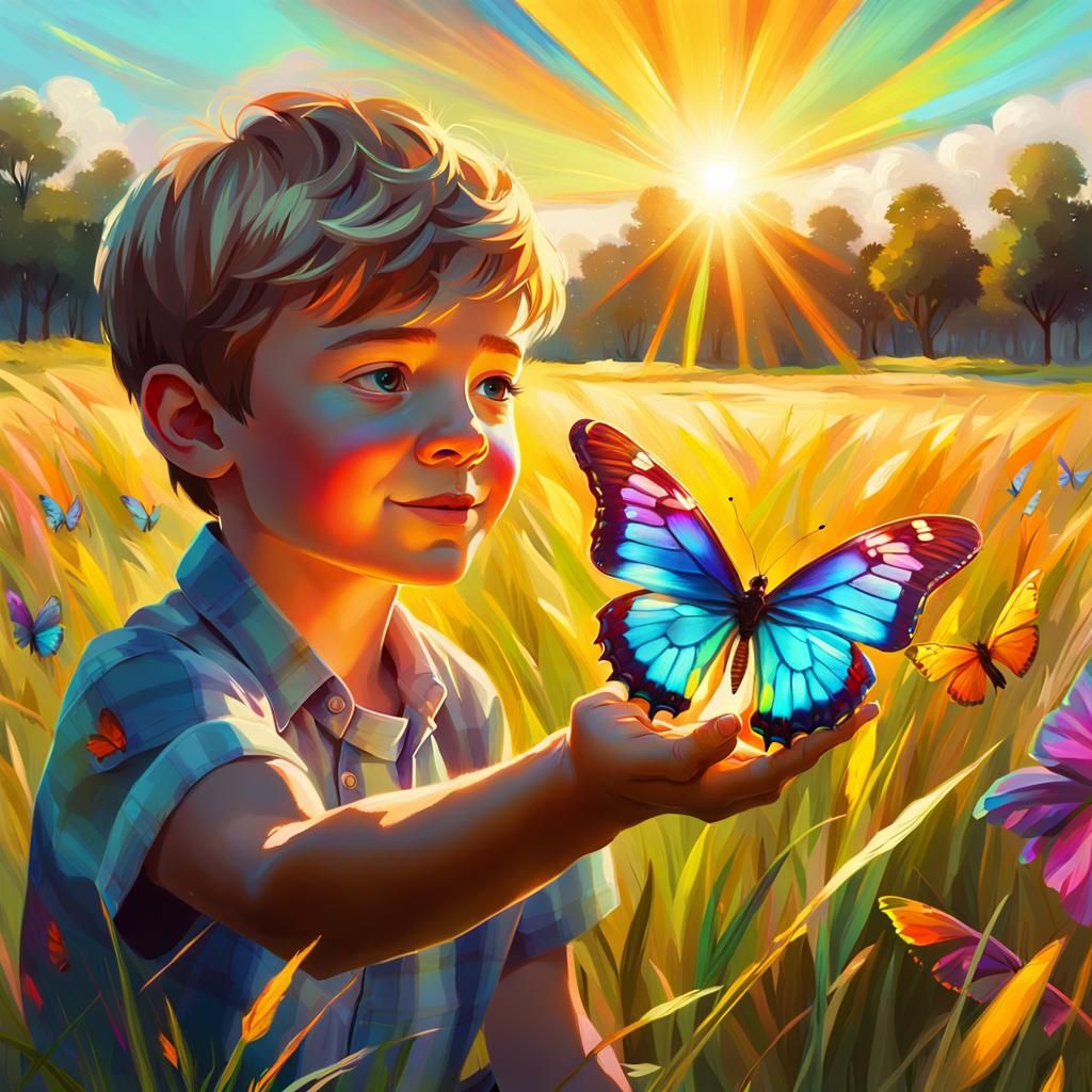 Vibrant Butterfly Lands on Boy's Finger in Sunlit Meadow
