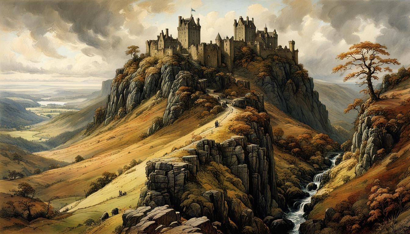 Scottish Highlands Landscape with Castles in Romantic Style