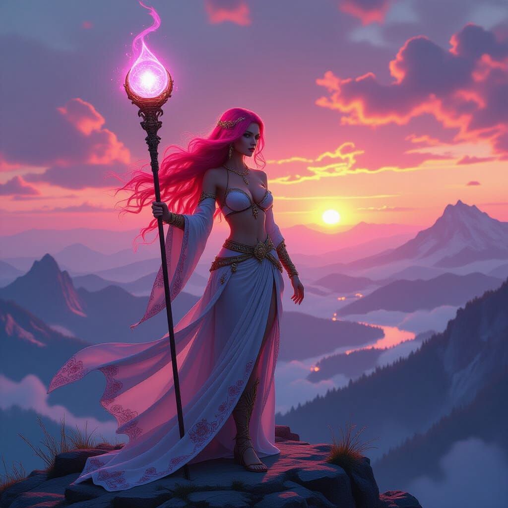 Pink-Haired Sorceress at Sunset, Artgerm Style