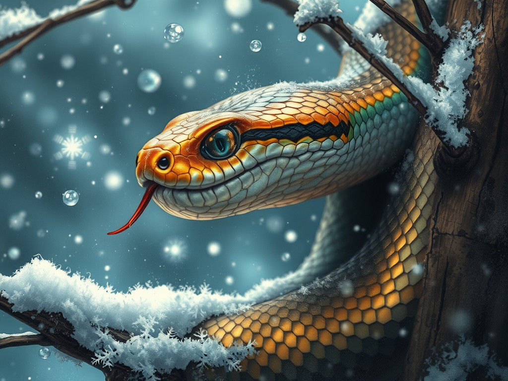 Reflective Snake Observes Falling Snowflakes: Fantasy Digita...
