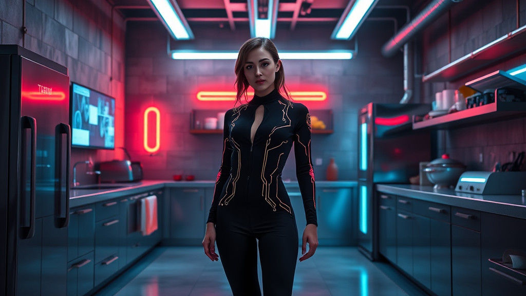 Cyberpunk Kitchen with Holographic Displays and Neon Lights