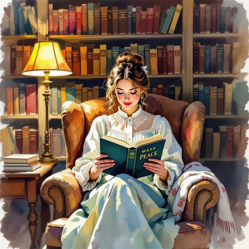 Cozy Library Reading War and Peace in Gouache Style
