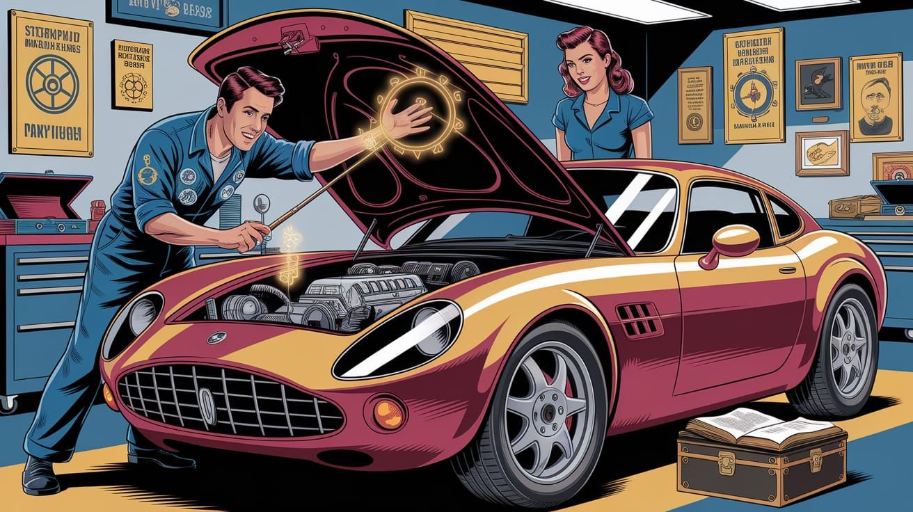 Magical Mechanic Repairs Steampunk Car in 1940s Pinup Style